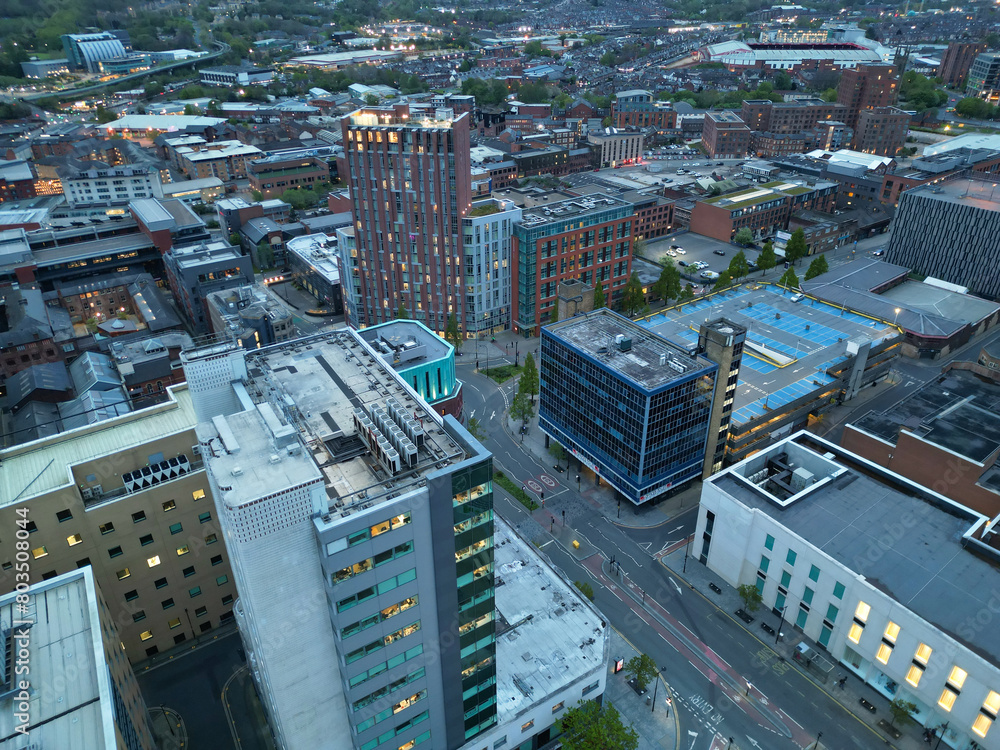 Fototapeta premium Beautiful Aerial View of Sheffield City Centre at Just After Sunset. England United Kingdom. April 29th, 2024