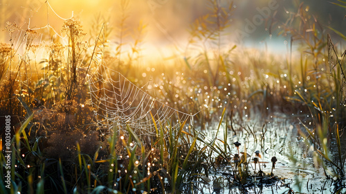 A vibrant ecosystem of a swamp shown through a macro shot of dew on spider webs among wetland plants, with morning light enhancing the scene