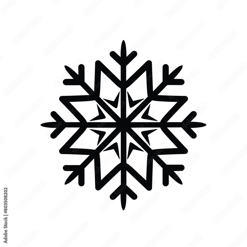Black and white graphic of a symmetrical snowflake design. Black and white graphic of a symmetrical snowflake design.