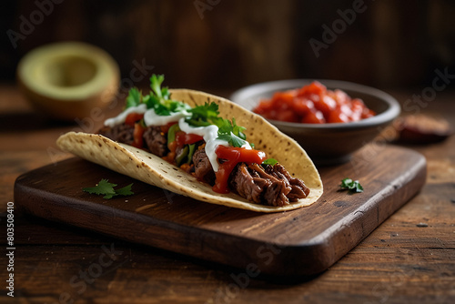 "Beef Taco on Wooden Table with Sauce"