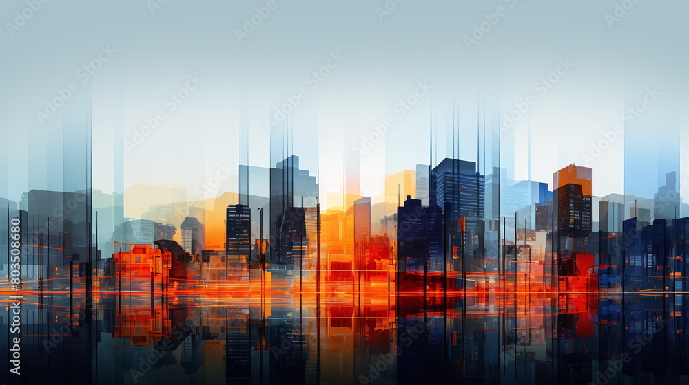 A vibrant abstract representation of a city skyline with reflections, illuminated by the warm hues of a setting sun - Generative AI