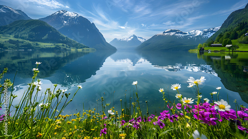 A vibrant spring fjord scene, with wildflowers blooming along the shorelines and green hills reflecting in the crystal-clear water