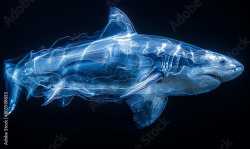 Xray of a shark swimming  side angle  deep blue backlight  sleek and predatory focus