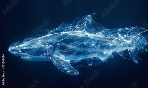 Xray of a shark swimming, side angle, deep blue backlight, sleek and predatory focus photo