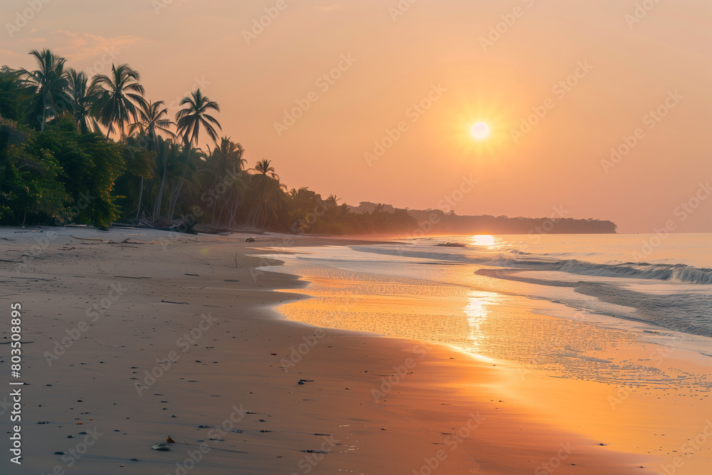 sundy beach vbackground with orange pinkish sunset. tropical vacation, honeymoon. High quality photo
