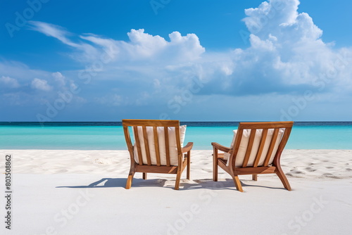 A pair of wooden lounge chairs facing the calm  turquoise sea on a pristine white sand beach under a clear blue sky - Generative AI