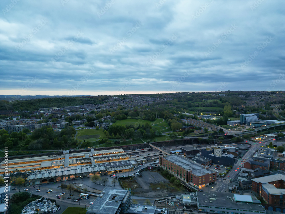 Fototapeta premium Beautiful Aerial View of Sheffield City Centre at Just After Sunset. England United Kingdom. April 29th, 2024