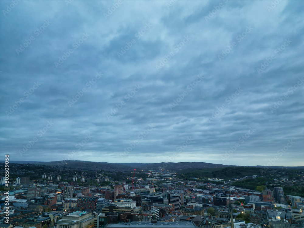 Beautiful Aerial View of Sheffield City Centre at Just After Sunset. England United Kingdom. April 29th, 2024