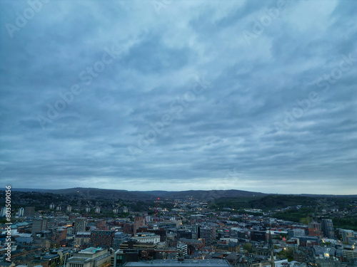 Beautiful Aerial View of Sheffield City Centre at Just After Sunset. England United Kingdom. April 29th, 2024