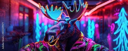 Surreal neon moose in urban jungle