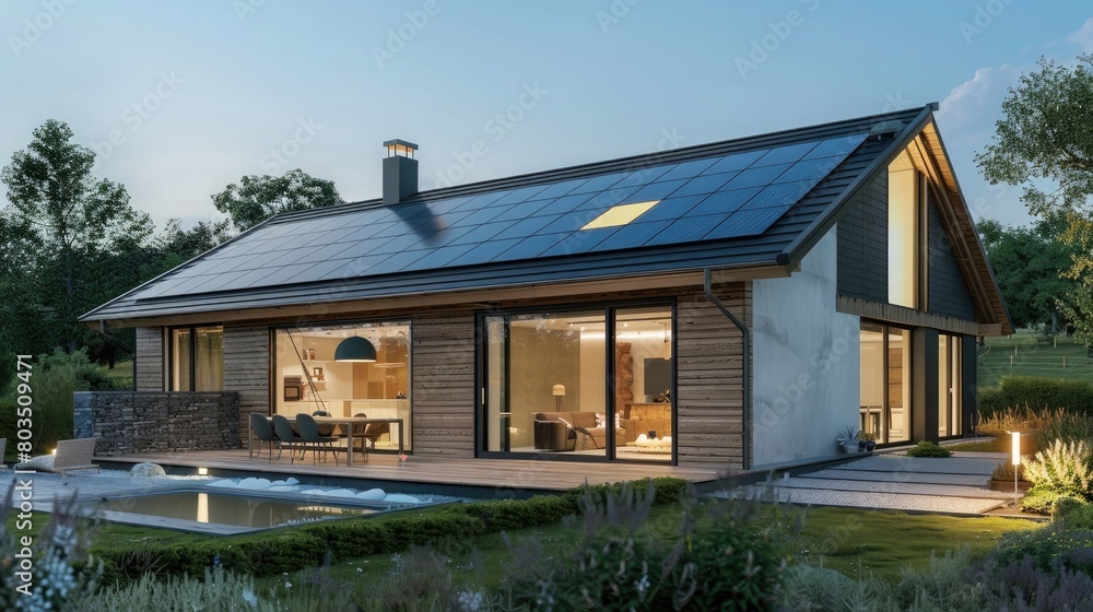 Solar panels on roof of the modern house, photovoltaic green renewable energy powered home, ecology, nature harmony