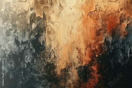 A painting with a lot of different colors and textures. The painting is abstract and has a lot of different shades of brown and black