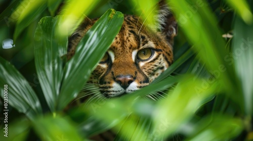 Tropical cat peaking trough tropi bushes, hidden puma wildcat leopard in natural safari habitat photo