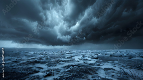 A winter storm approaching a desolate tundra, with dark, ominous clouds looming over the frosty terrain photo