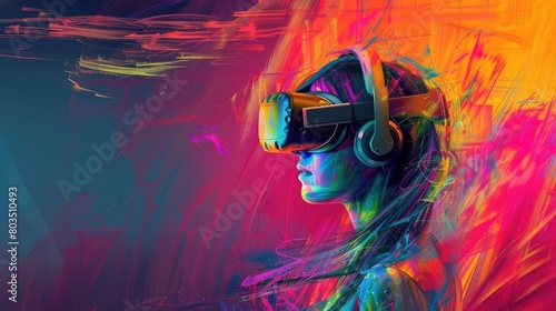 Virtual reality concept art  colorful VR gaming abstract illustration  girl wearing VR headset glasses  modern entertainment  generative ai