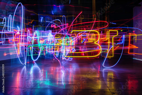 Words spelled out with neon tubes, captured through a long exposure shot with streaks of light.