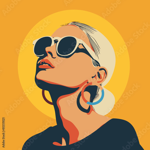 A woman with sunglasses on her face is looking up at the sky