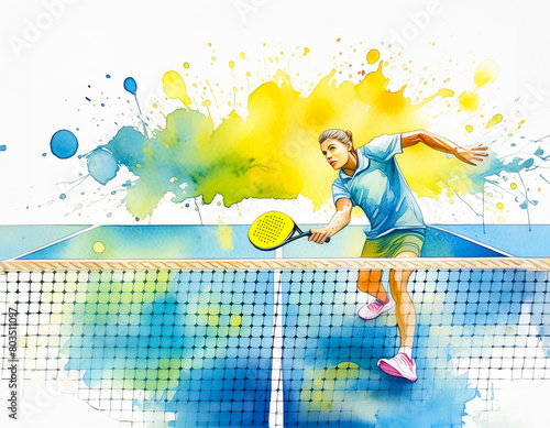 A vibrant padel player swings a racket on a colorful court © homydesign