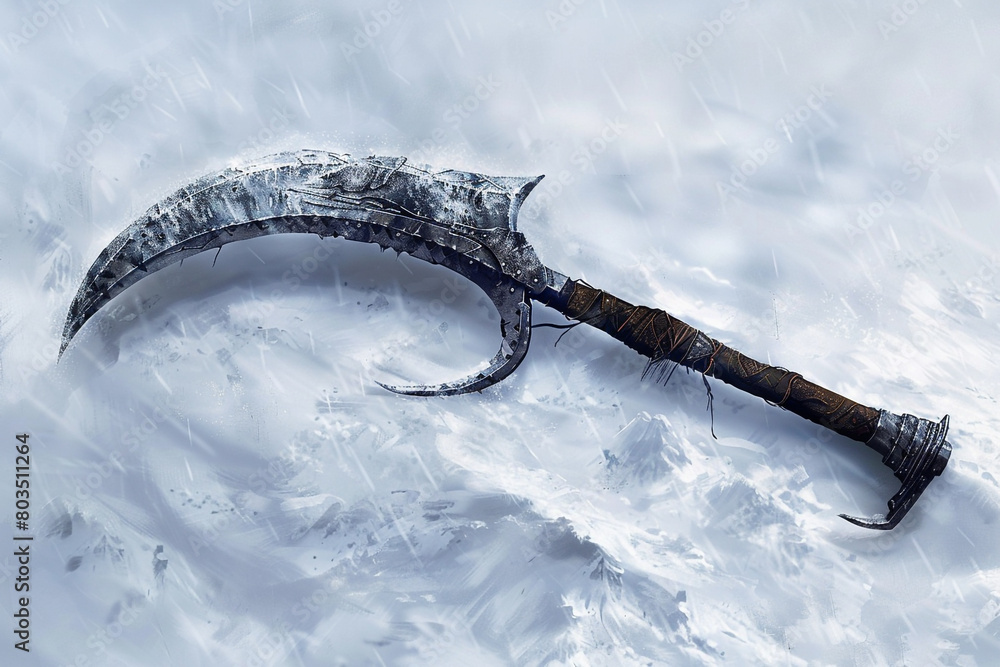 The deadly grace of a battle sickle, set against an expanse of pristine white.