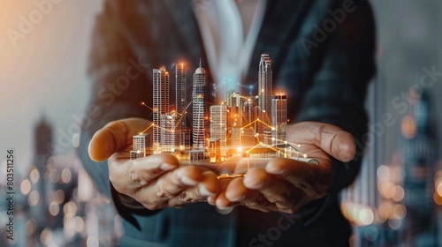 A person in a suit holding a glowing 3D model of a city in the palm of their hand.