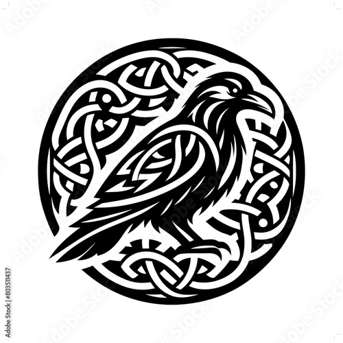 raven bird  silhouette in animal celtic knot, irish, nordic illustration