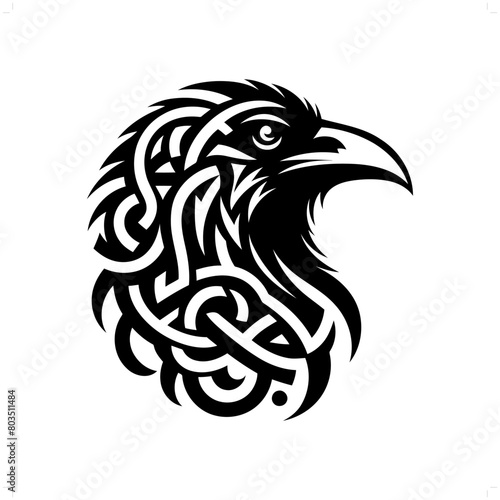 raven bird  silhouette in animal celtic knot, irish, nordic illustration