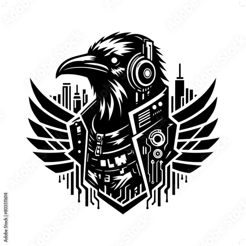  raven bird silhouette in animal cyberpunk, modern futuristic illustration