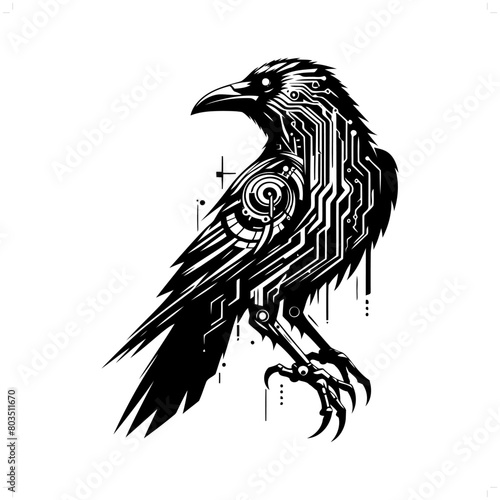  raven bird silhouette in animal cyberpunk, modern futuristic illustration