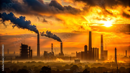 Sunset silhouetting smokestacks, industrial skyline with pollution over a vibrant sky. Industrial sunset with smoking stacks against the sky. 