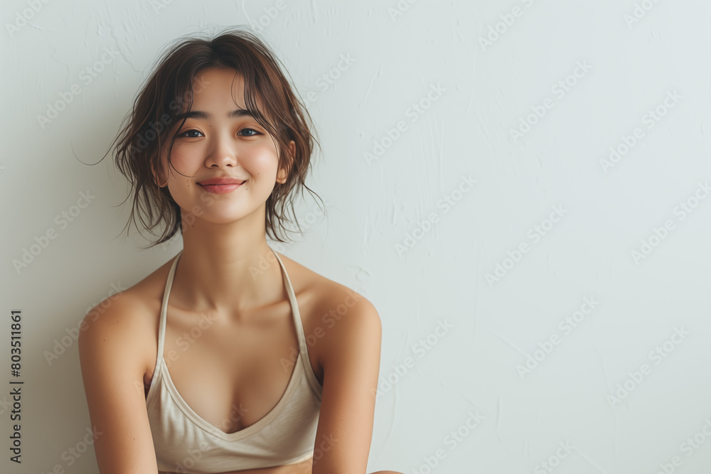 portrait of a joyful young asian woman sitting against a white wall portrait of a joyful young asian woman sitting against a white wall