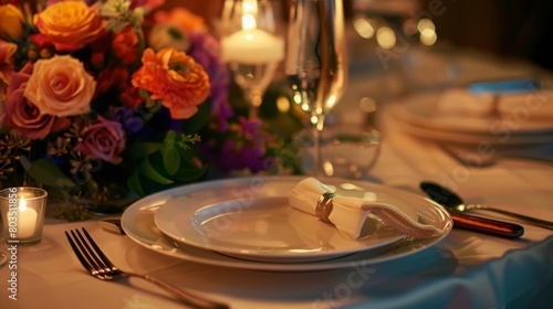 dishes and table details, such as cutlery, decorative plates and flowers, highlighting exquisiteness and attention to detail generative ai