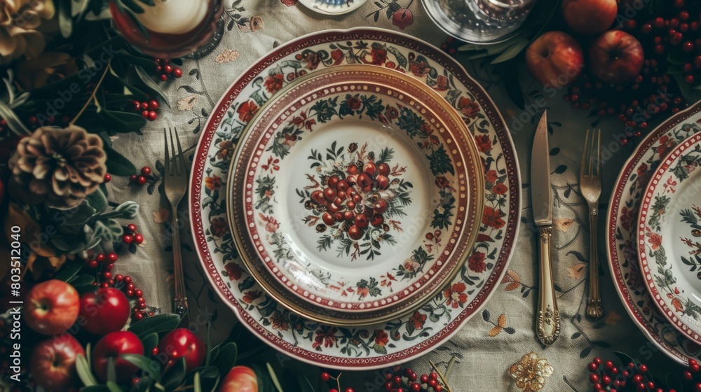 dishes and table details, such as cutlery, decorative plates and flowers, highlighting exquisiteness and attention to detail generative ai