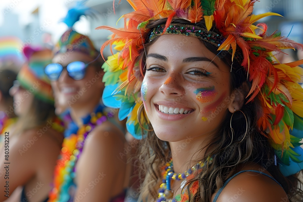 A woman wearing a colorful headdress and a colorful outfit is smiling