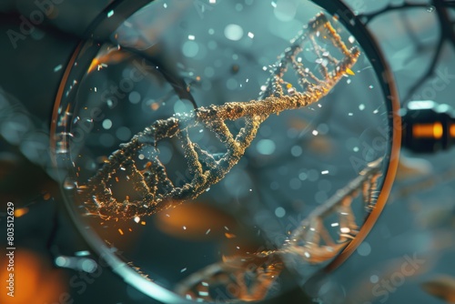 A close up of a DNA strand with a magnifying glass. Concept of wonder and fascination with the complexity of life and the intricacies of the genetic code