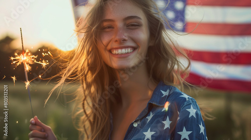 portrait of a young woman who celebraty july 4th american independent day standing near a USA flag and hold a sparkler
