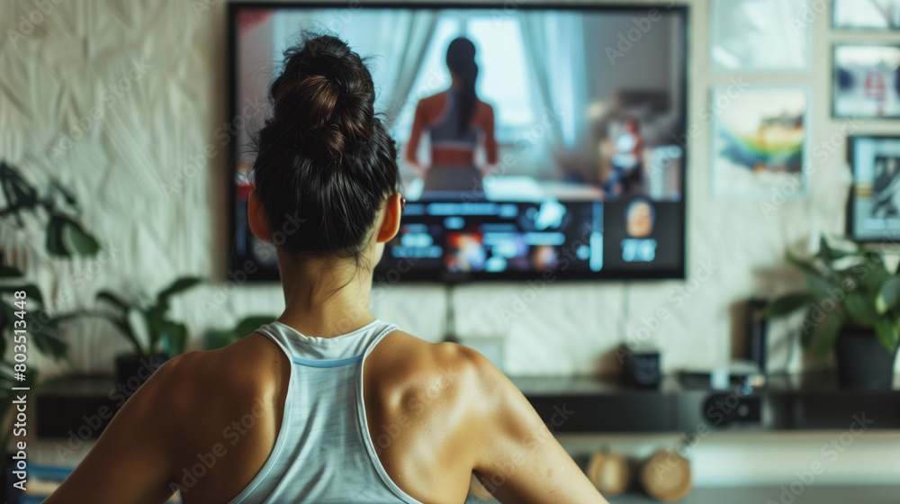 woman exercises at home following a training video on TV woman exercises at home following a training video on TV