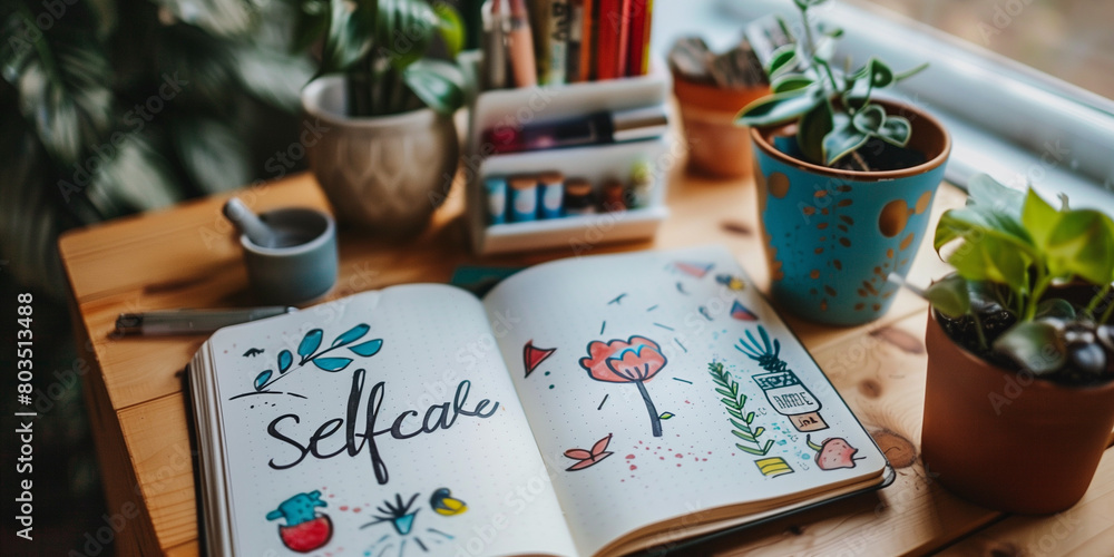 Bullet journal with selfcare titlle betweencandle and litle plants on the office desk	