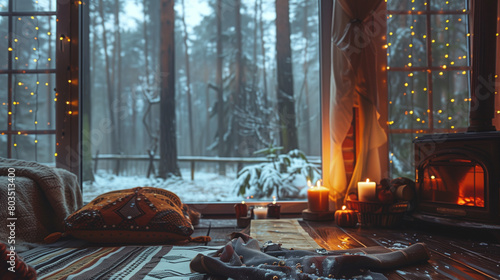 super cozy feeling witer cabin in the snowy forest hiking tour warm photo