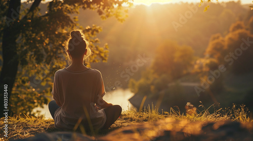 Woman morning meditation in the nature near a lake in the morning golden light