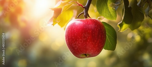 A red apple hanging from a tree branch