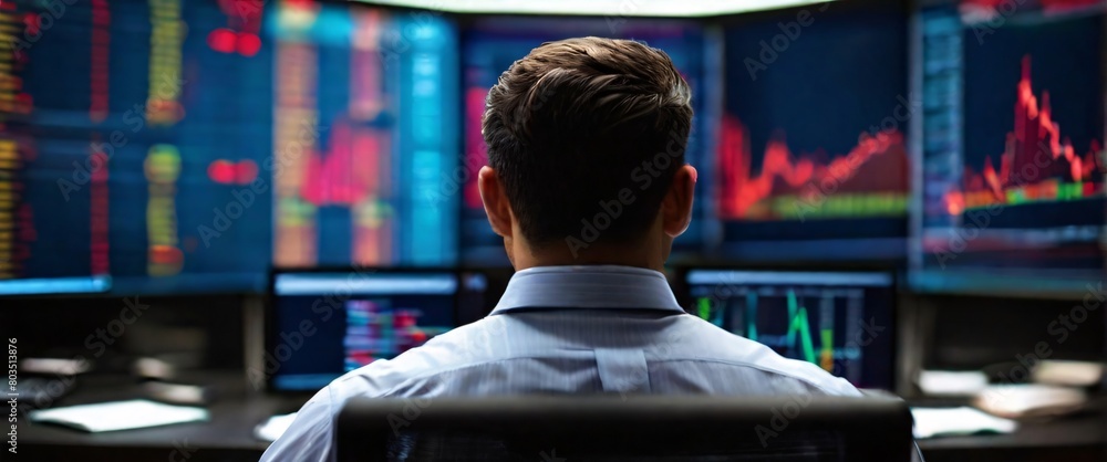 stock trading with a visually descriptive image of a businessman his back turned to the viewer as he sits in front of a monitor. The lines on the screen seem to come to life, reflecting the intense