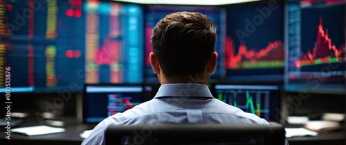 stock trading with a visually descriptive image of a businessman his back turned to the viewer as he sits in front of a monitor. The lines on the screen seem to come to life, reflecting the intense photo