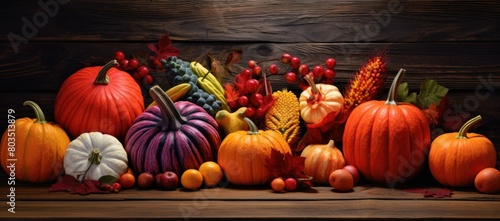 Assorted pumpkins and gourds on a table photo