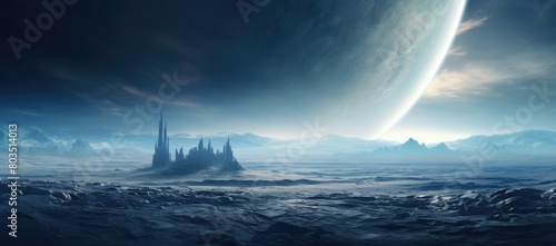Alien landscape with distant planet