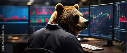 stock trading with a visually descriptive image of a business Bear, his back turned to the viewer as sits in front of a monitor. The lines on the screen seem to come to life