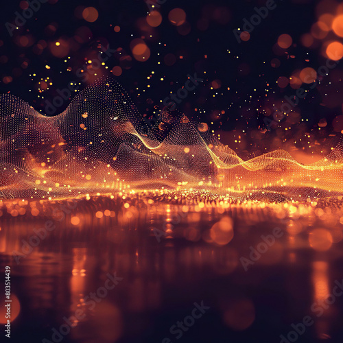 Abstract digital landscape with orange particles forming waves and bokeh. Generated by AI