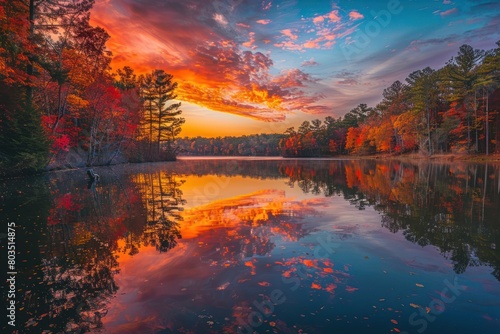 A beautiful sunset over a lake with trees in the background