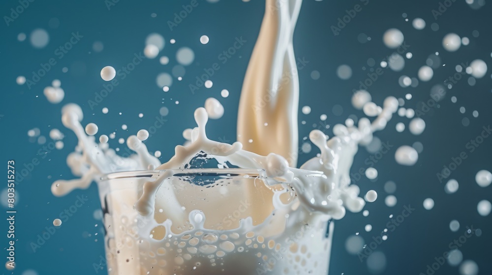 A close-up of milk being poured into a tall glass, creating a dynamic splash, with a light blue minimalist background enhancing the white of the milk