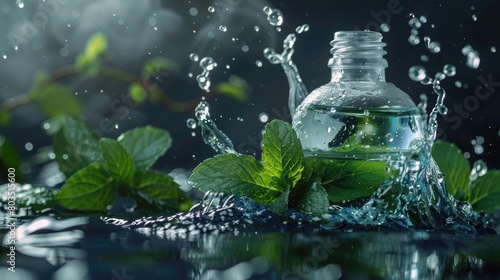 Essential oil bottle with fresh peppermint leaves in splash water © Khalif