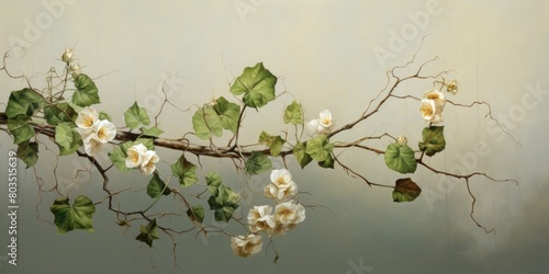 Branch with white flowers and green leaves